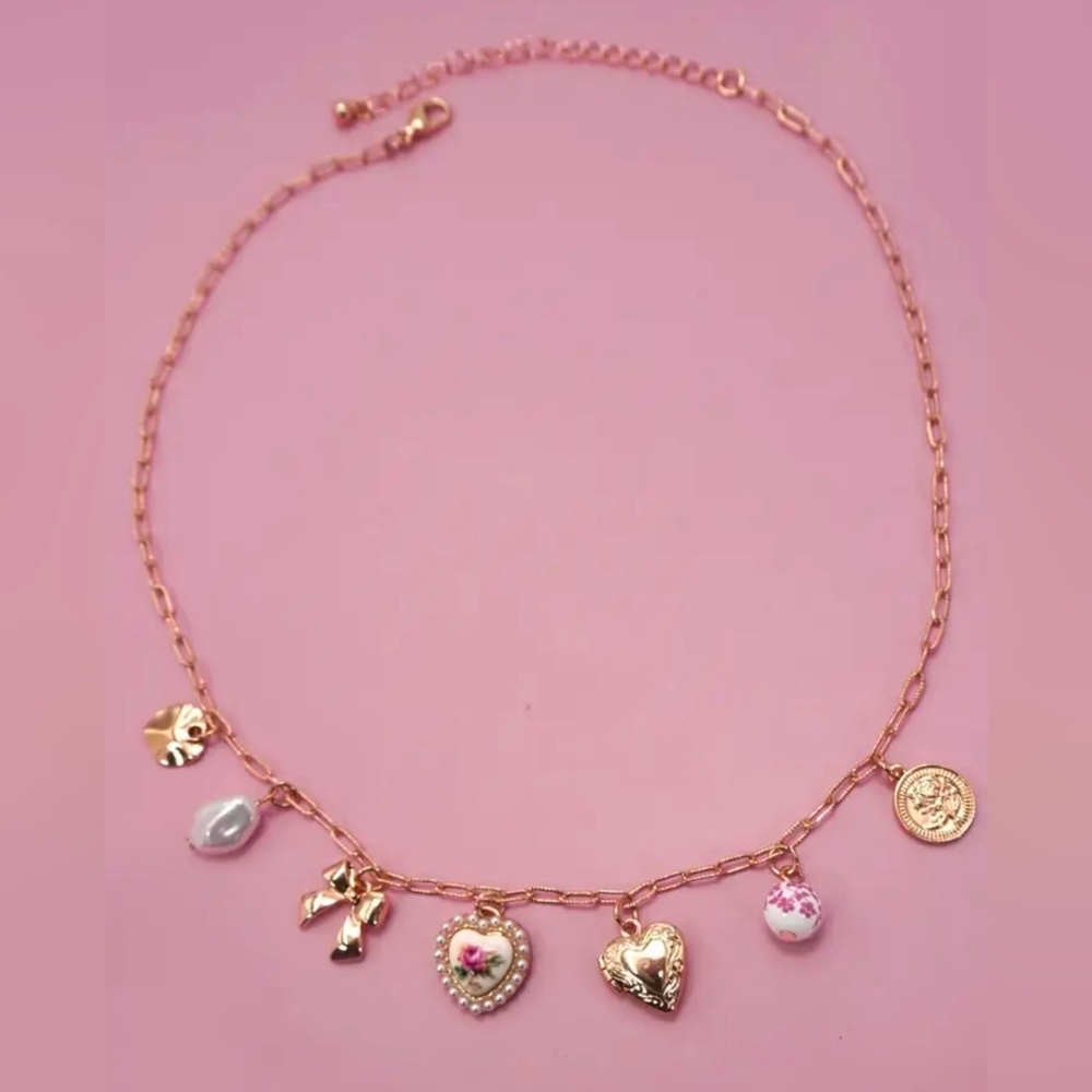 ✨️Ceramin Porcelain Bow Heart Charm Link Necklace